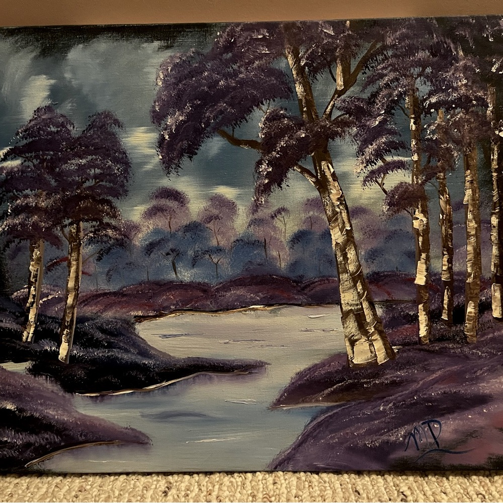 Framed canvas Bob Ross style painting. Mystic Bayou